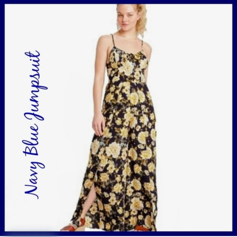 NWT Spring Navy Blue Jumpsuit with Yellow-Gold Floral print Slit - Picture 3 of 14